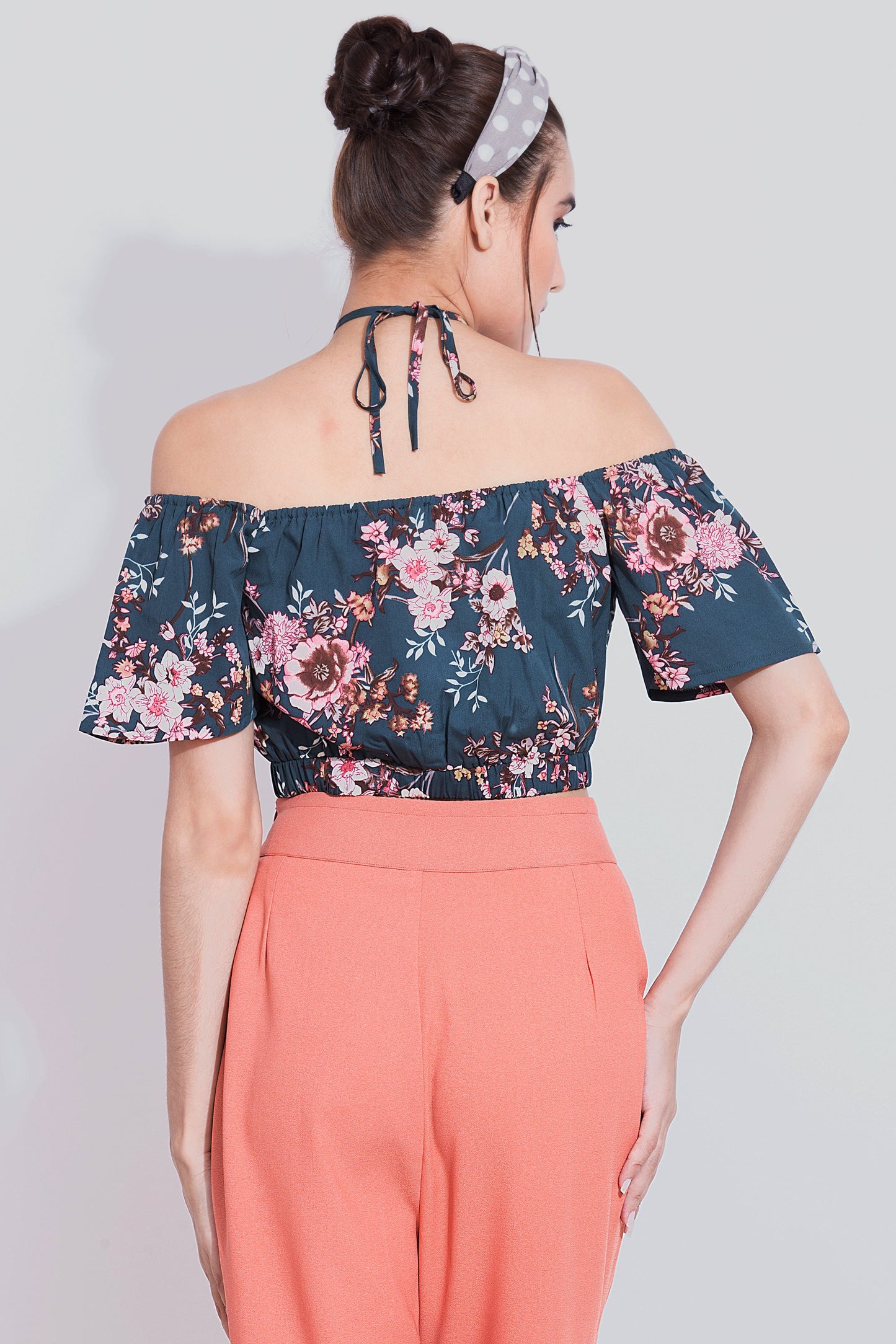 Teal Floral Halter Neck Crop Top