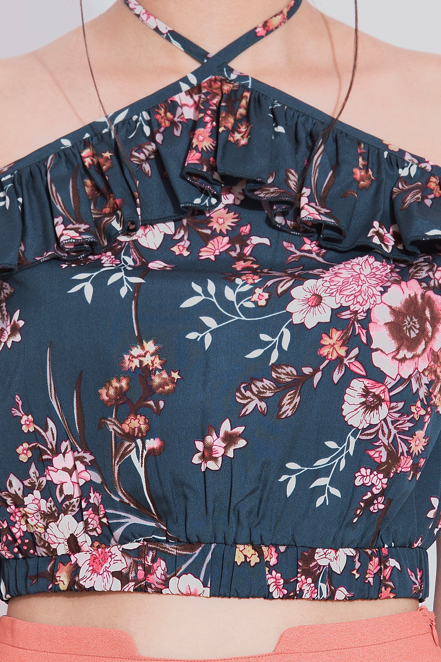 Teal Floral Halter Neck Crop Top