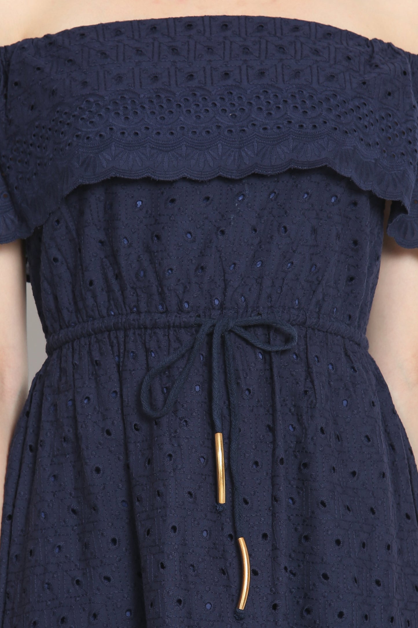 Navy Off shoulder embroidered dress