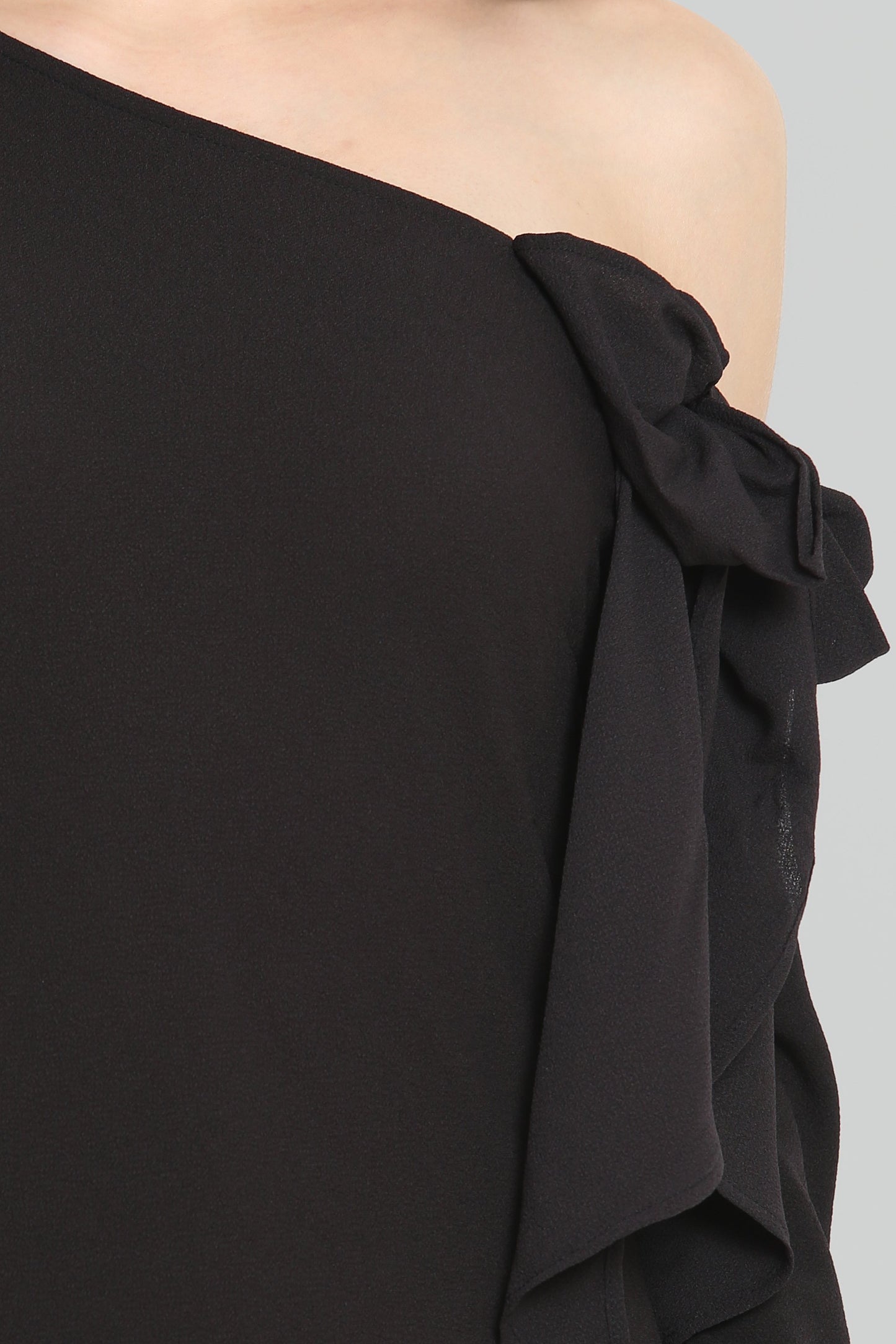 One Side Falling Shoulder Black Maxi Dress