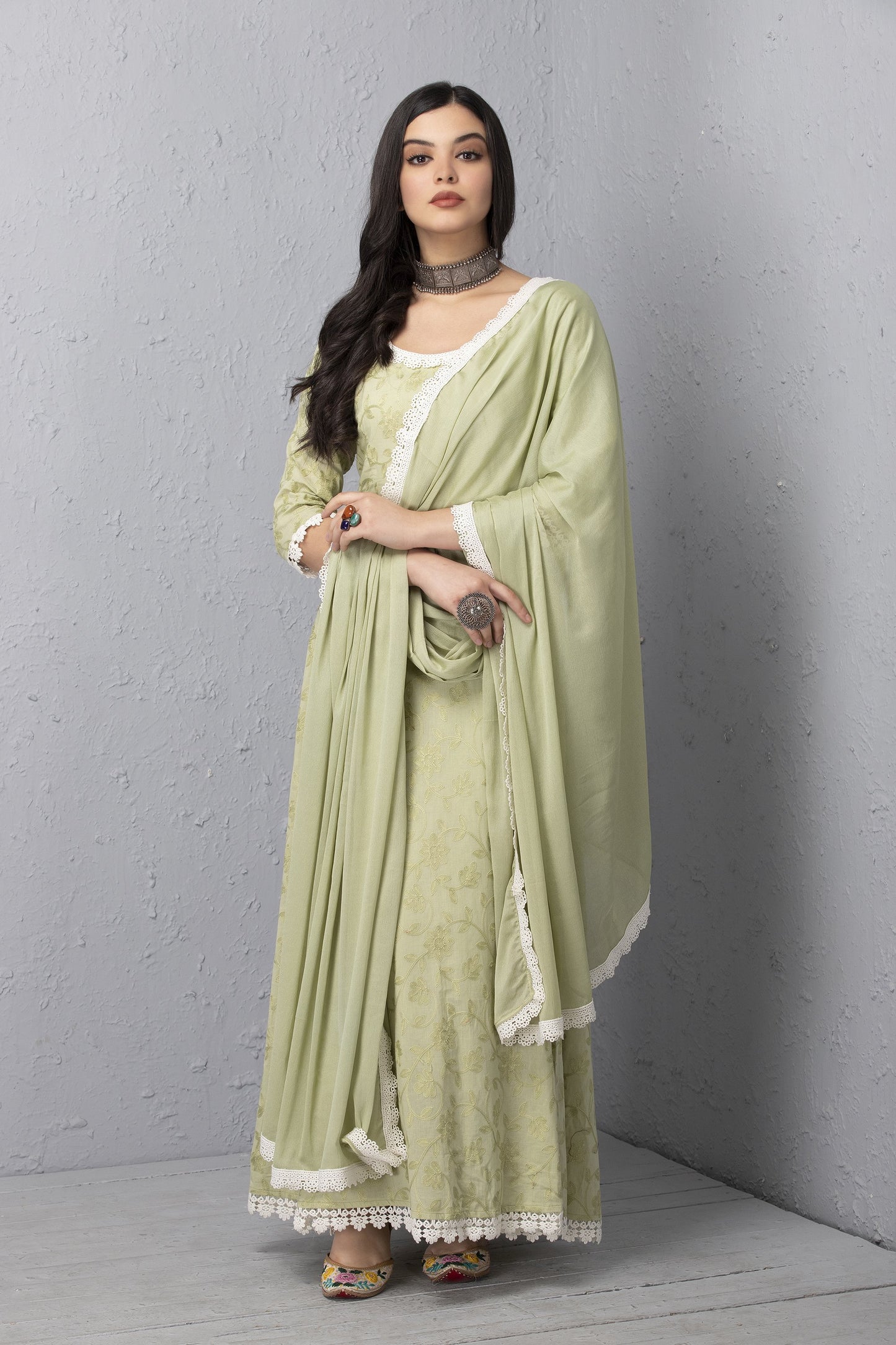 Mint Chain Stitch Gown and Dupatta Set
