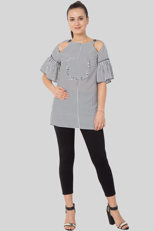 Striped Keyhole Frill Neck Blouse-sewandyou.com