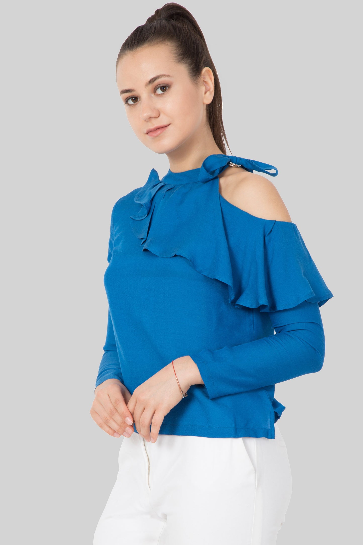 One Shoulder Ocean Blue Top For Girls- sewandyou.com