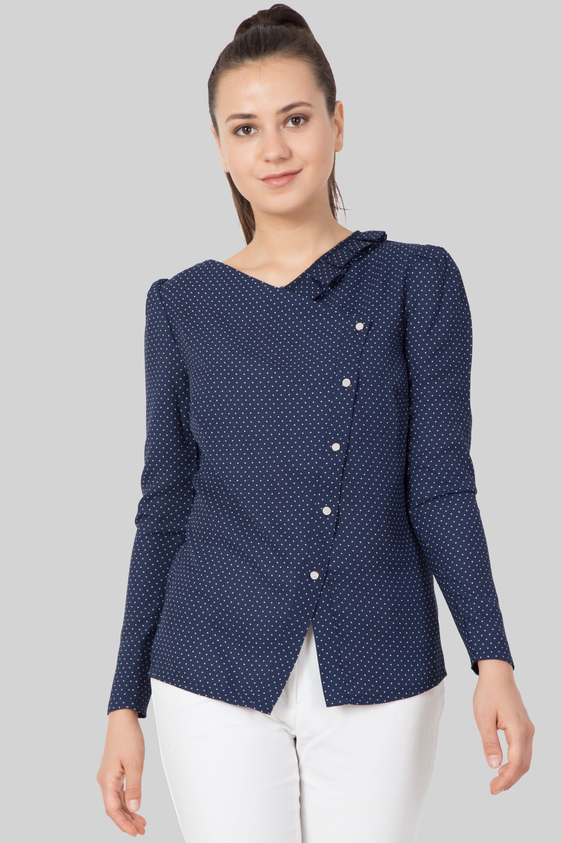 Polka Dot Slant Button Top For Women - sewandyou.com