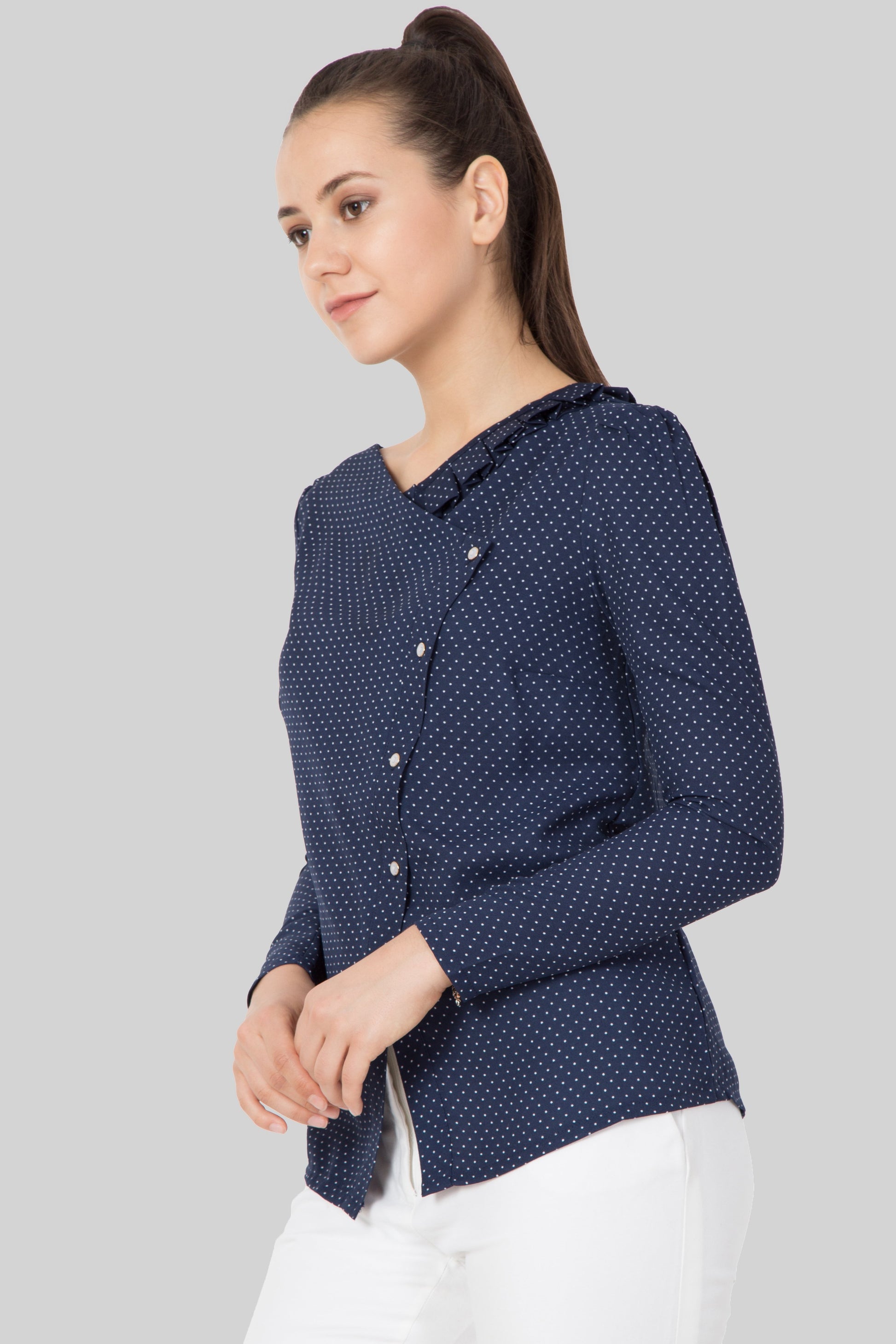 Navy Blue Polka Dot Slant Button Top - sewandyou.com