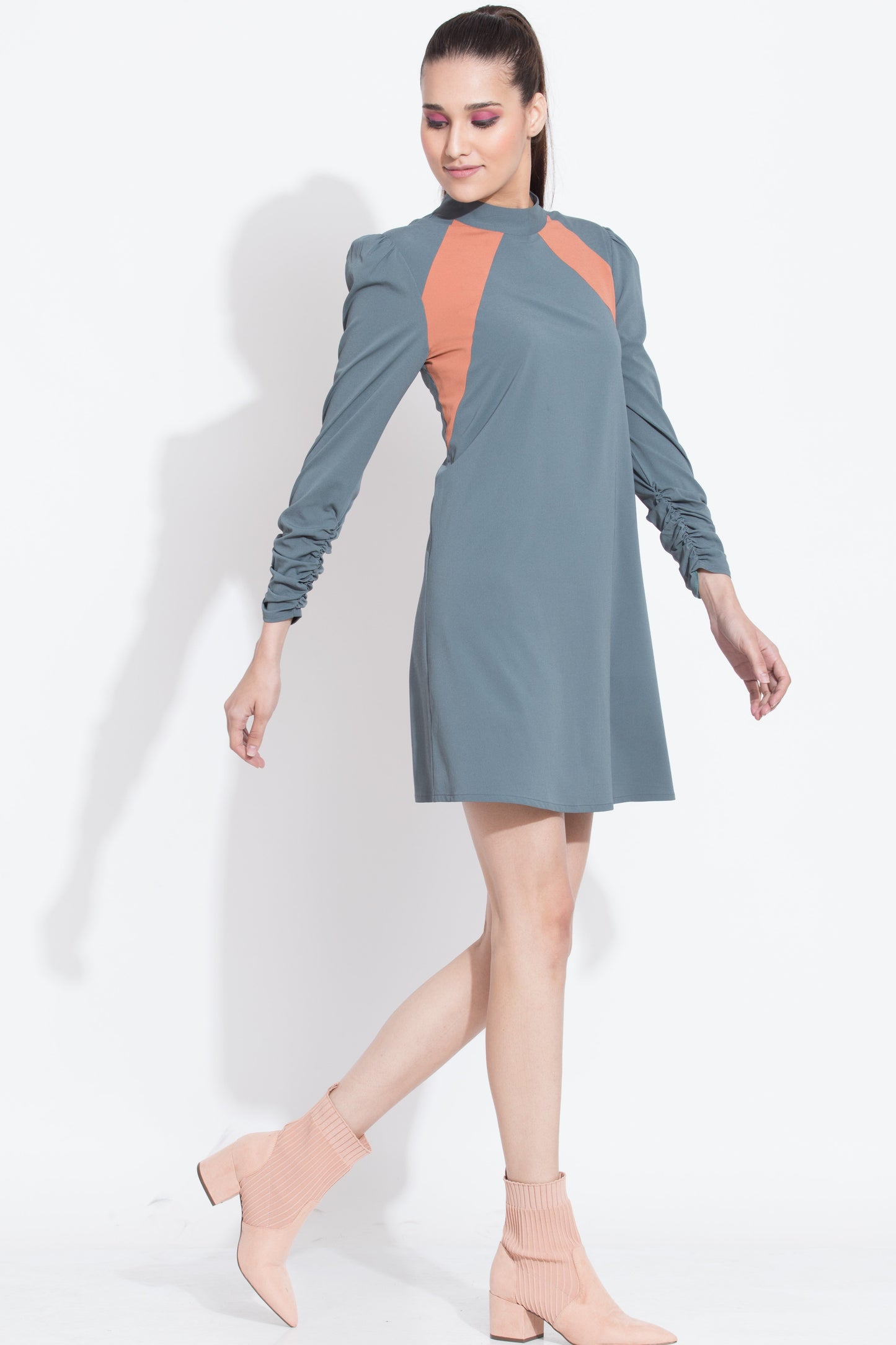 Grey Panelled Yoke Short Dress