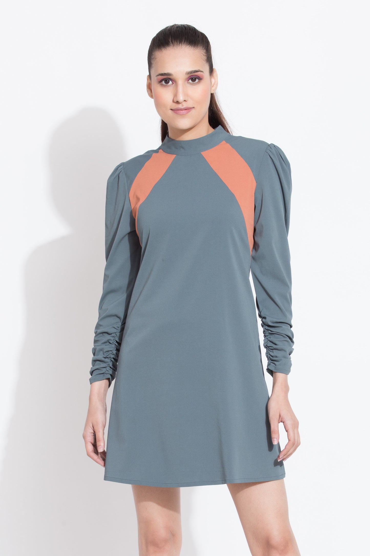 Grey Panelled Yoke Short Dress
