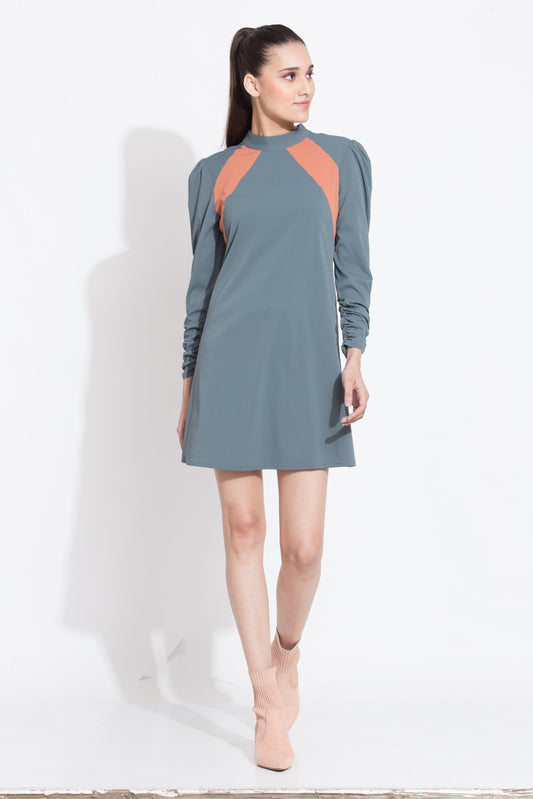 Grey Panelled Yoke Short Dress