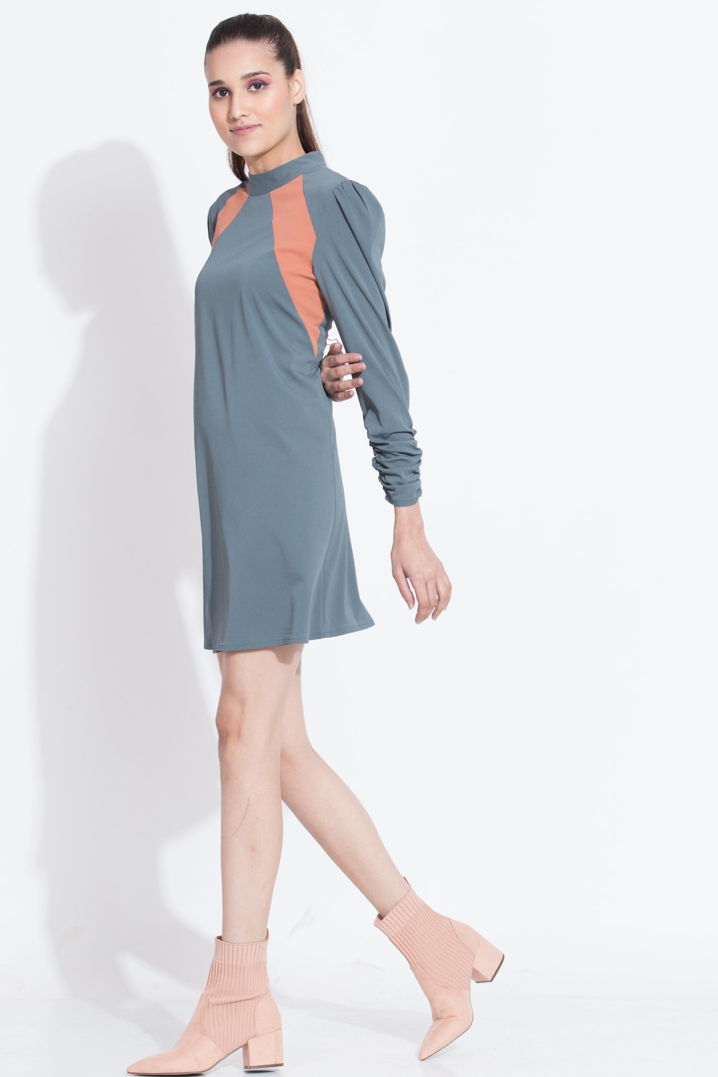 Grey Panelled Yoke Short Dress