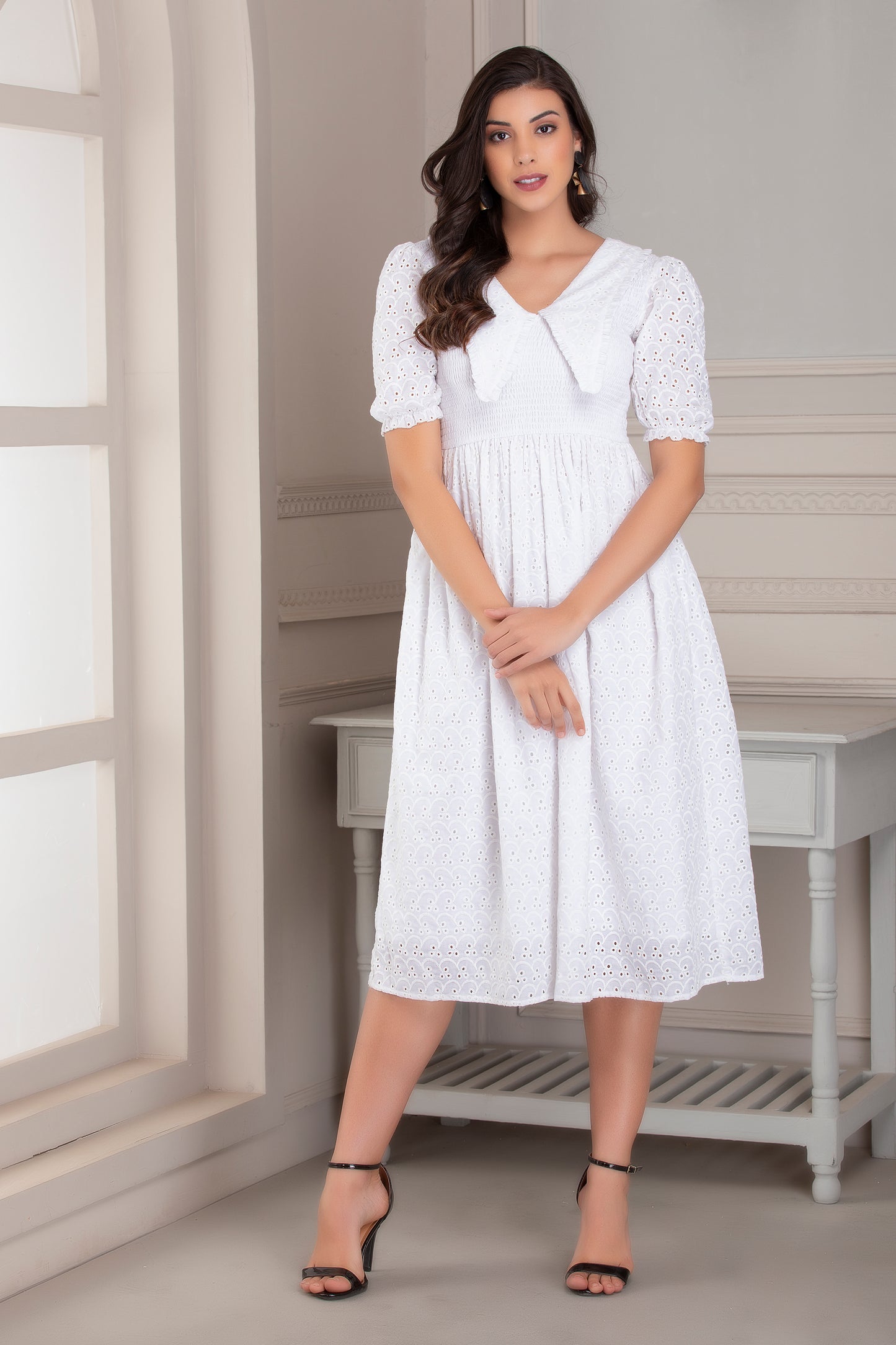 White Long Collar Schiffli Dress