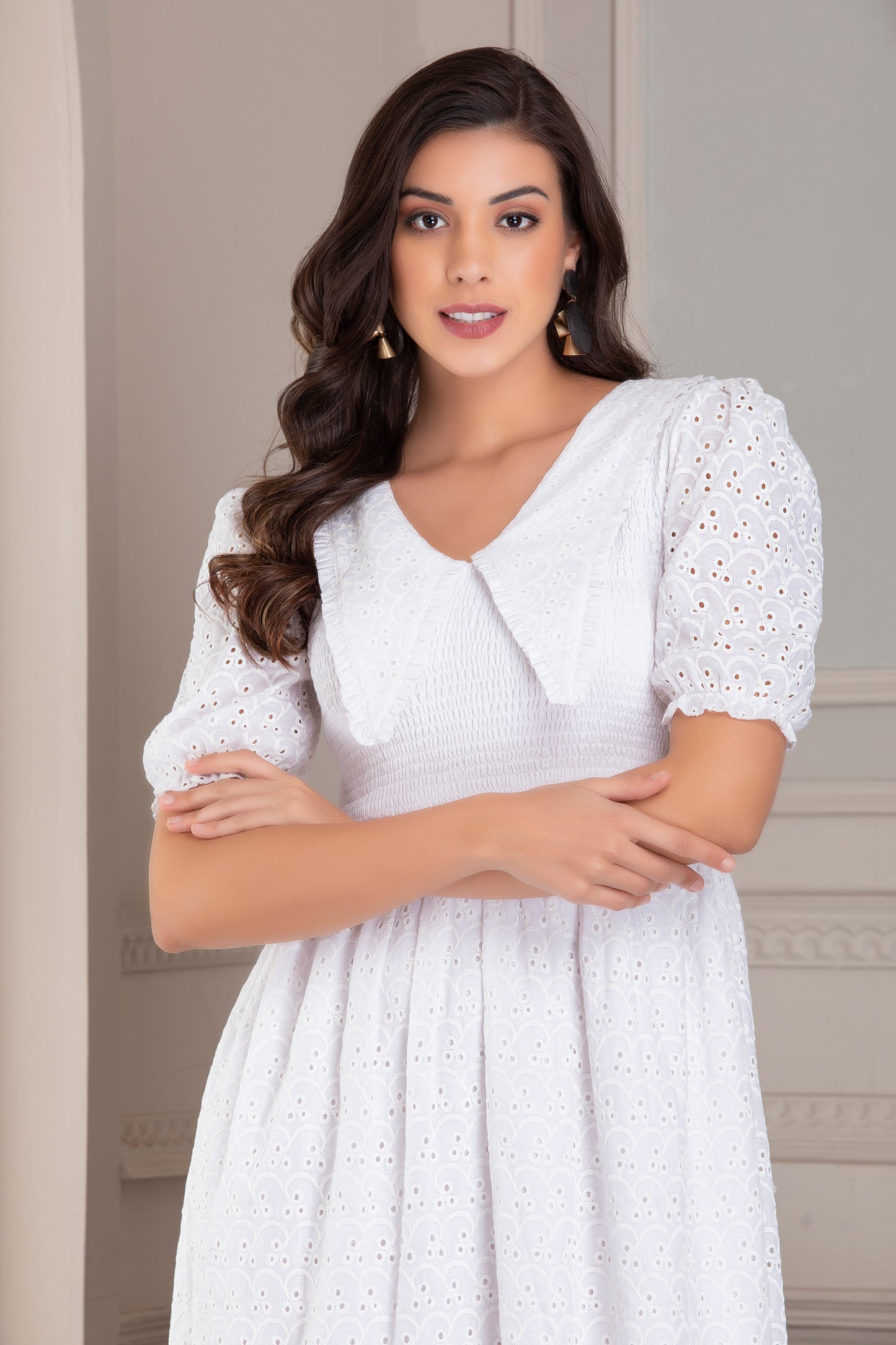 White Long Collar Schiffli Dress