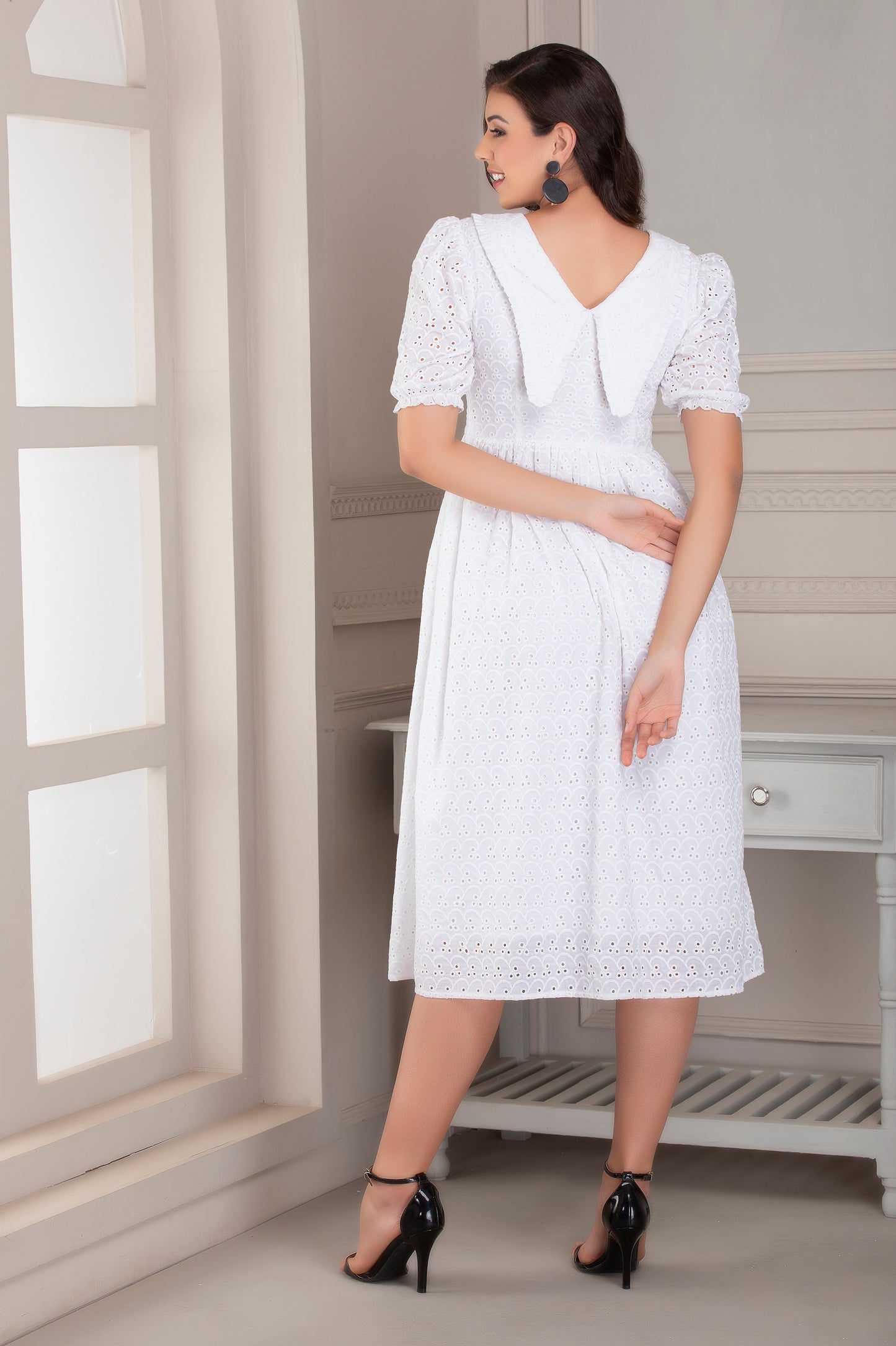 White Long Collar Schiffli Dress