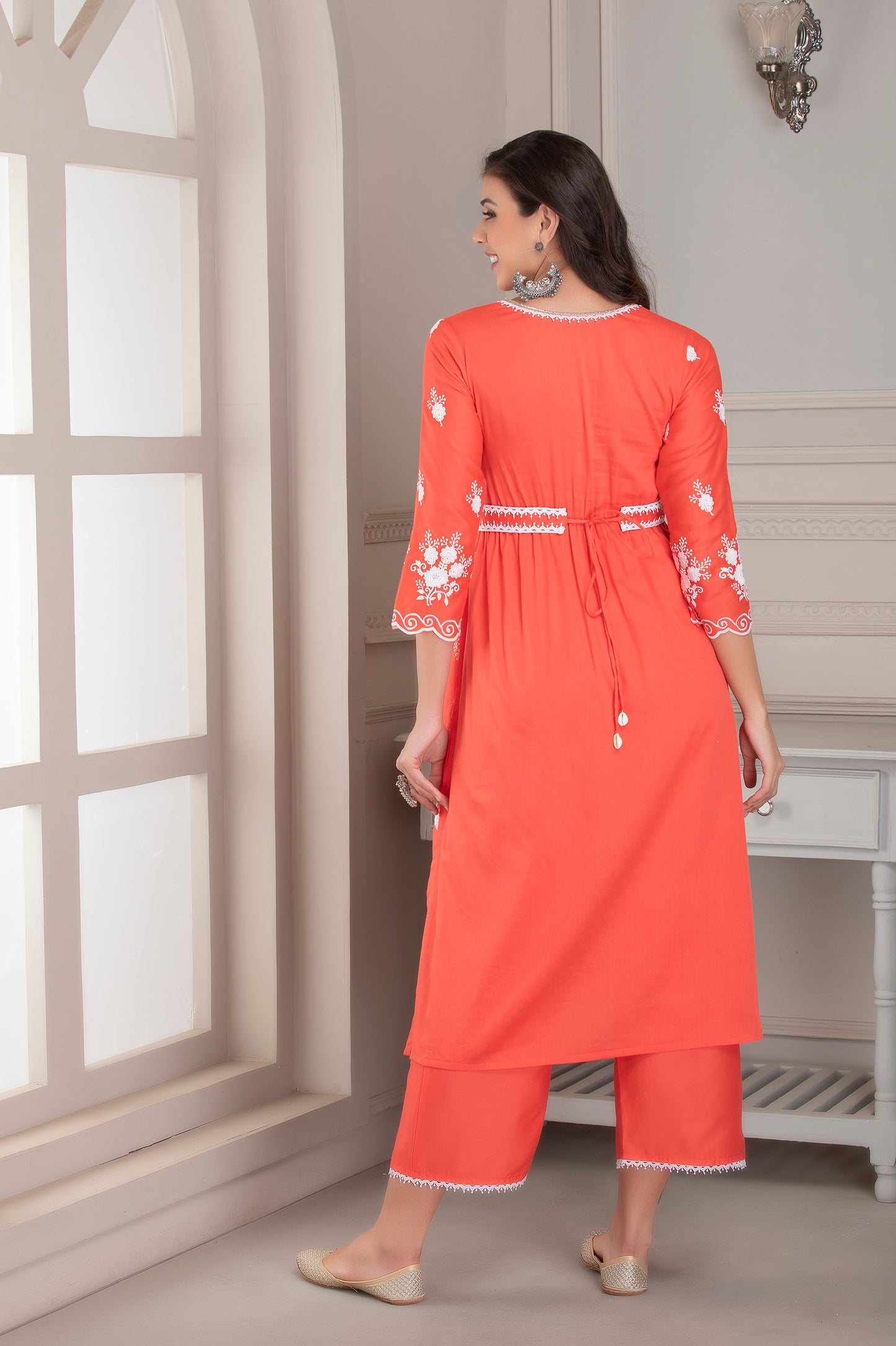 Coral Floral Motif Kurta Set with Belt