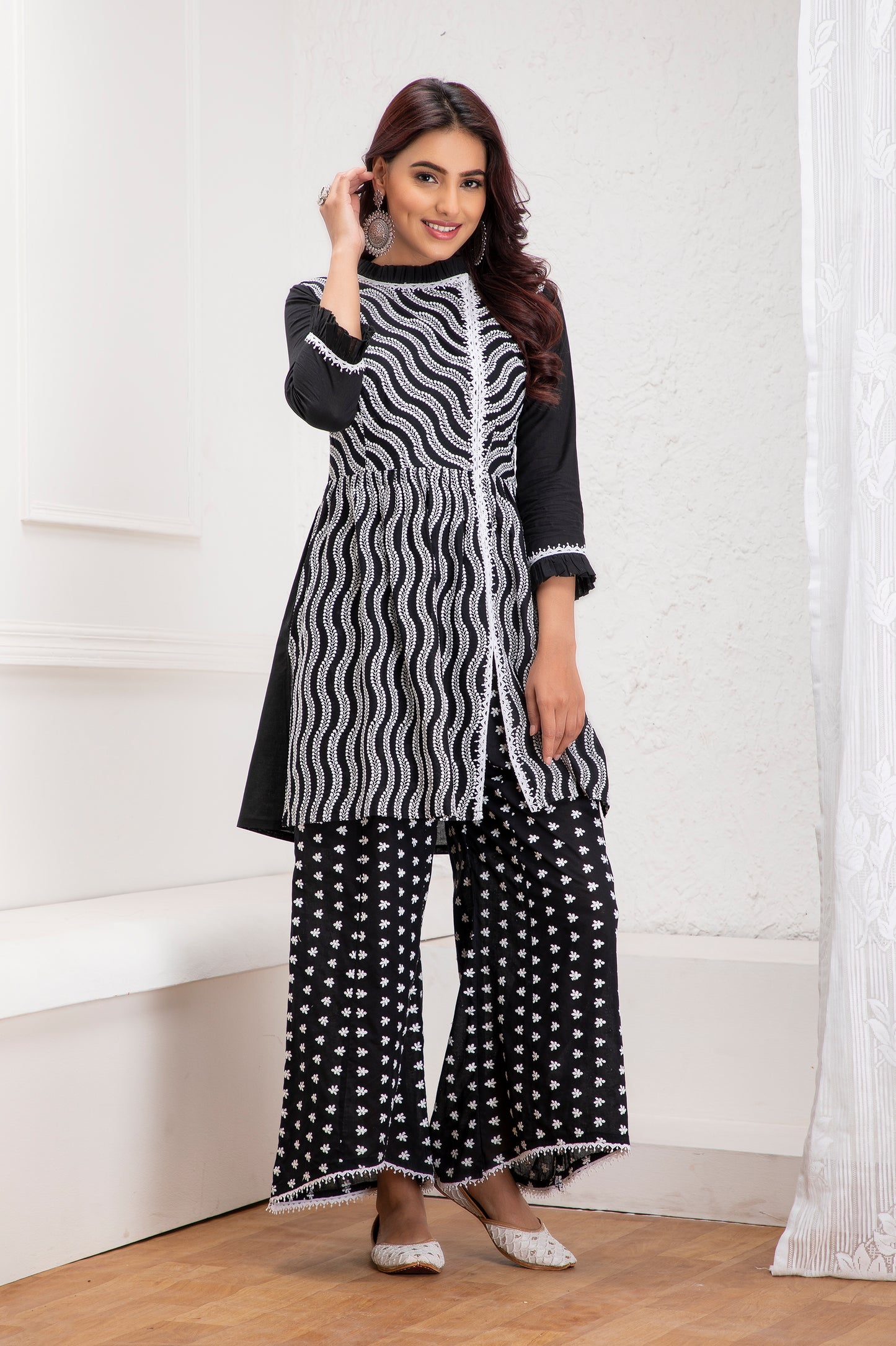Black Embroidered Kurta and High-Low Plazzo Set