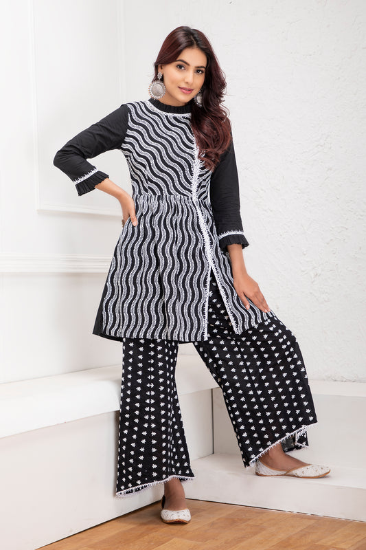 Black Embroidered Kurta and High-Low Plazzo Set