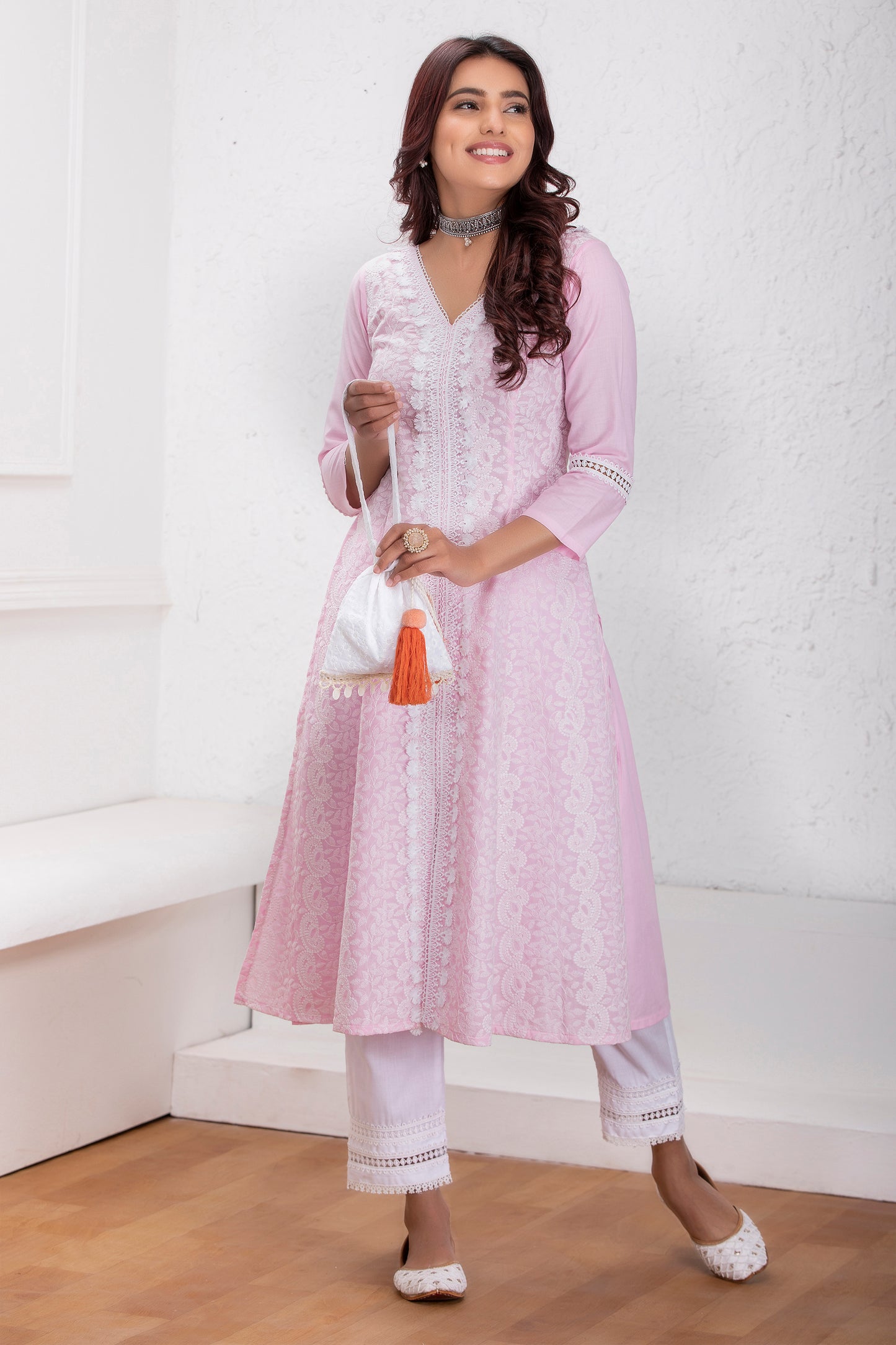 Pink Lucknowi Chikankari Kurta Set