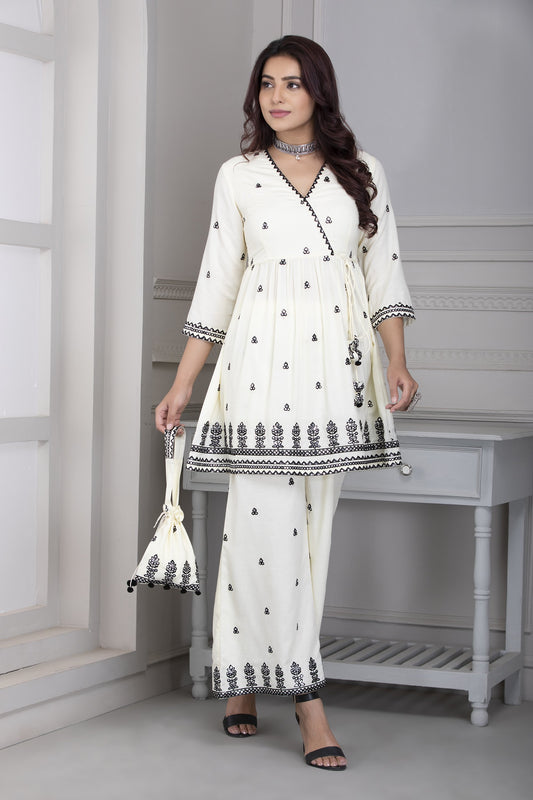 Cream and Black Mirror Embroidered Kurta Set
