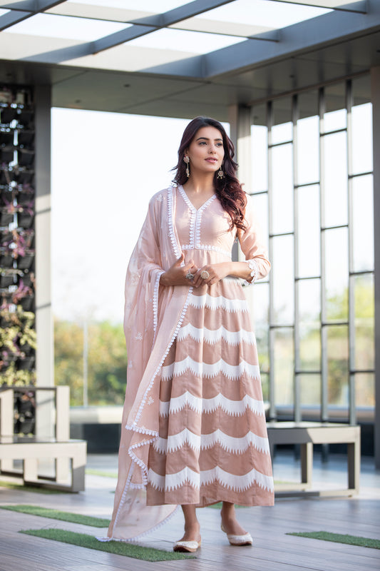 Caramel White Embroidered Suit Set with Dupatta