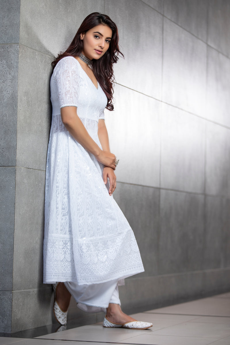 White Sequence Embroidered Kurta Set With Dupatta