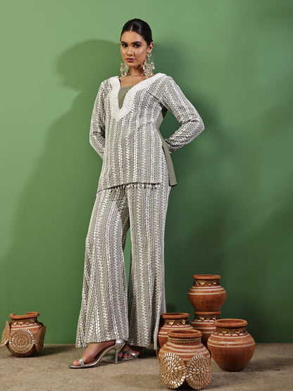 Sage Green and White Sequence Embroidered Fusion Fit