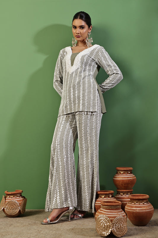 Sage Green and White Sequence Embroidered Fusion Fit