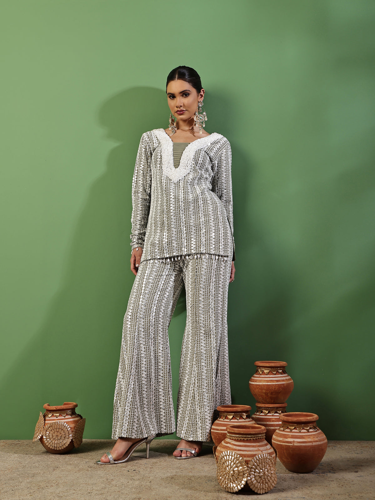 Sage Green and White Sequence Embroidered Fusion Fit
