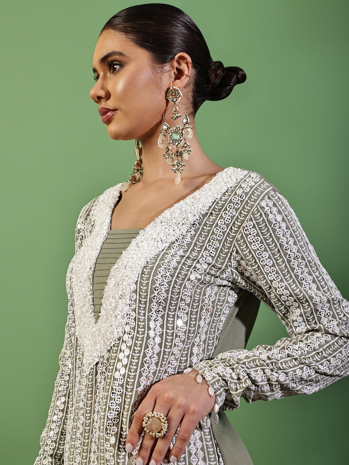 Sage Green and White Sequence Embroidered Fusion Fit