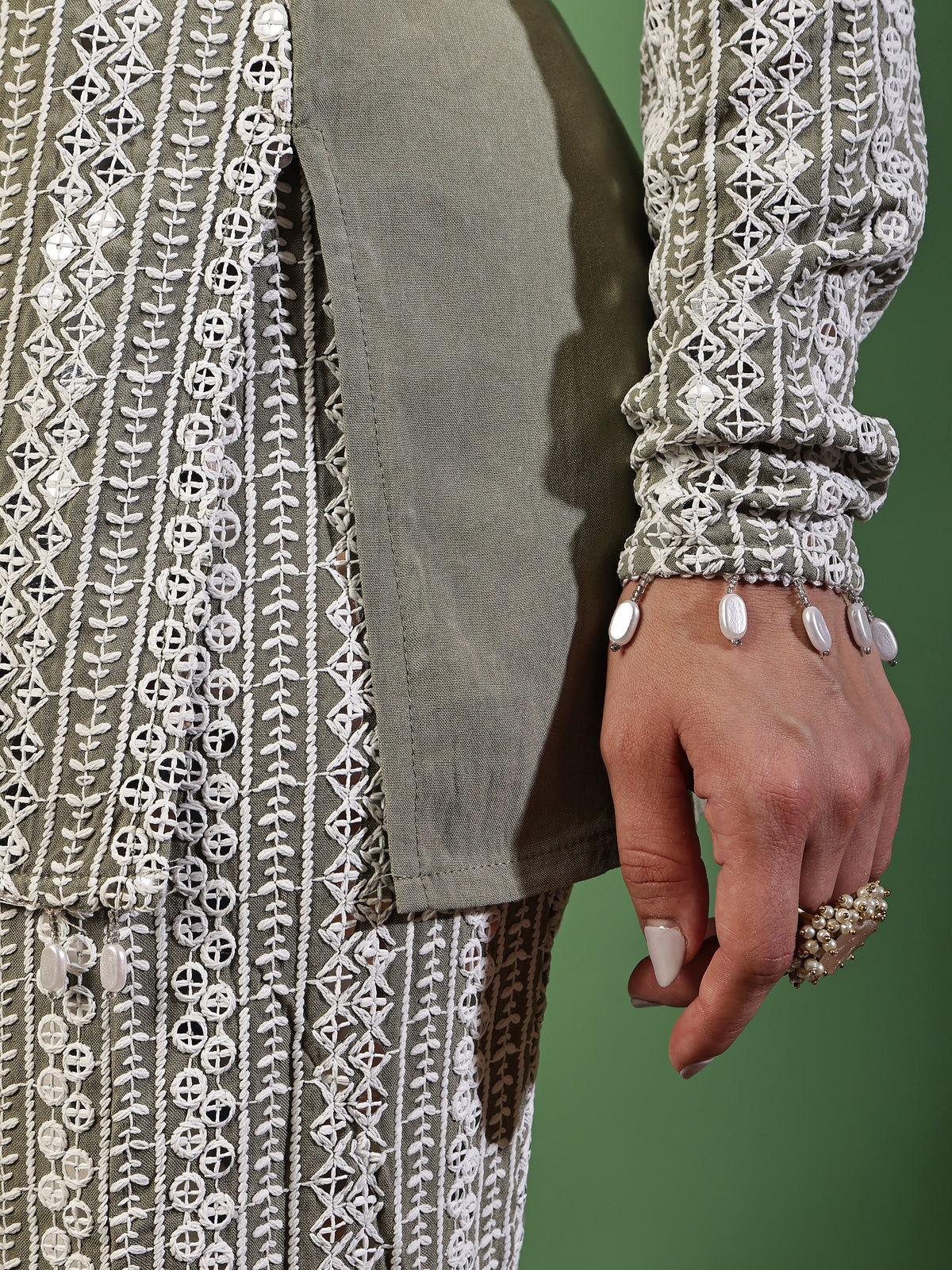 Sage Green and White Sequence Embroidered Fusion Fit