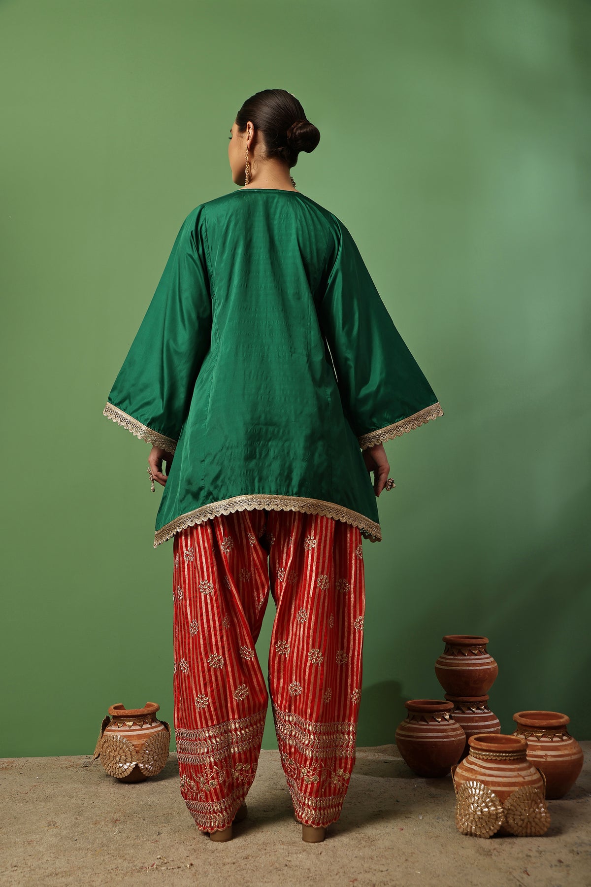 Dark Green And Red Gold Embroidered Farshi Salwar Suit Set