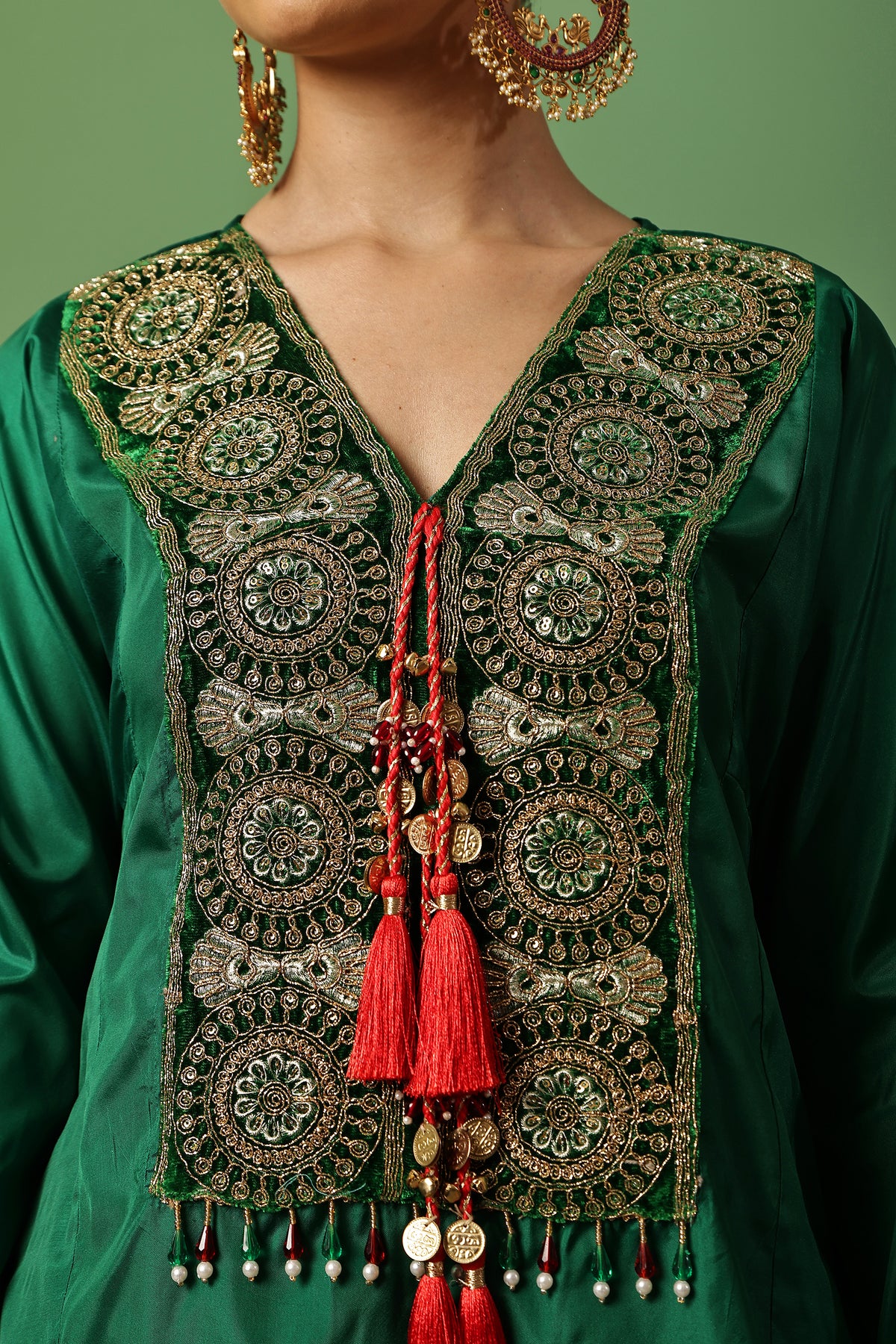 Dark Green And Red Gold Embroidered Farshi Salwar Suit Set