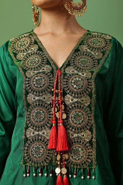 Dark Green And Red Gold Embroidered Farshi Salwar Suit Set