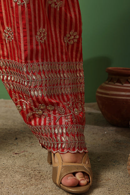Dark Green And Red Gold Embroidered Farshi Salwar Suit Set