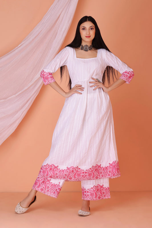 White And Pink Chikankari Embroidered Kurta set