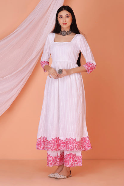 White And Pink Chikankari Embroidered Kurta set
