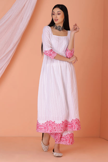 White And Pink Chikankari Embroidered Kurta set