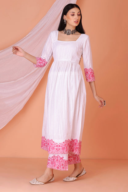 White And Pink Chikankari Embroidered Kurta set
