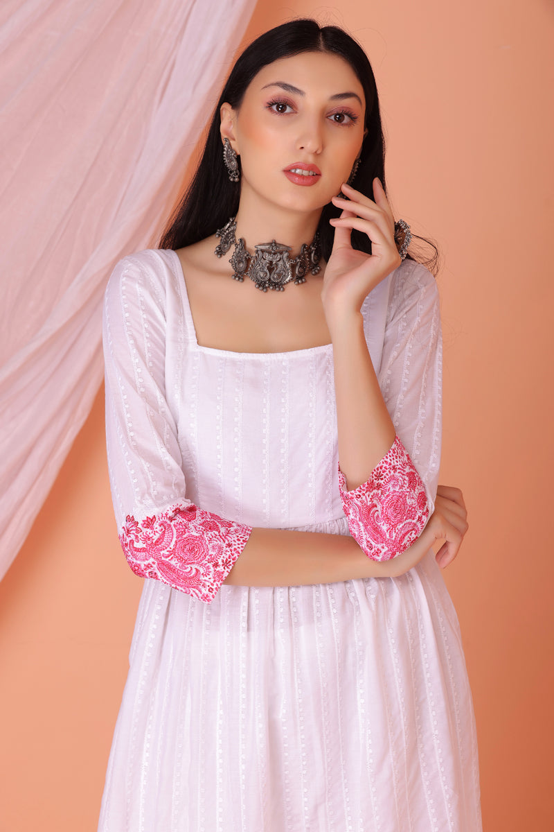 White And Pink Chikankari Embroidered Kurta set
