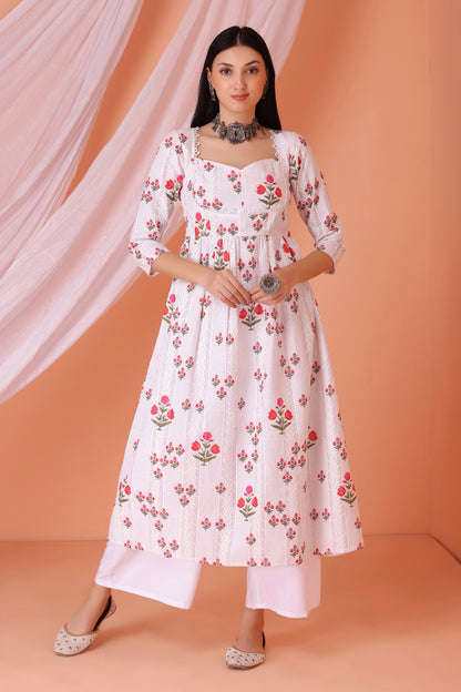 White Floral Embroidered Kurta Set