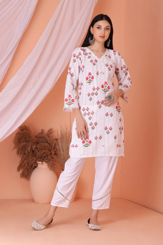 White Red Floral Embroidered Kurta Set