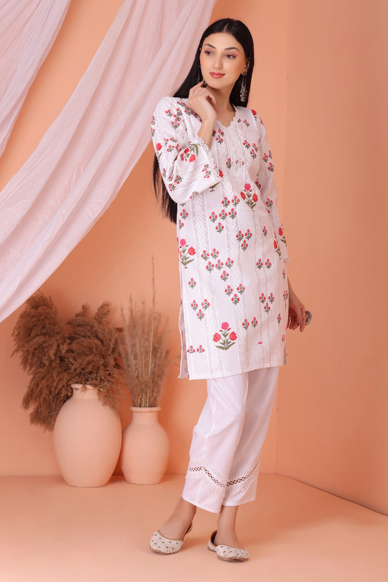 White Red Floral Embroidered Kurta Set
