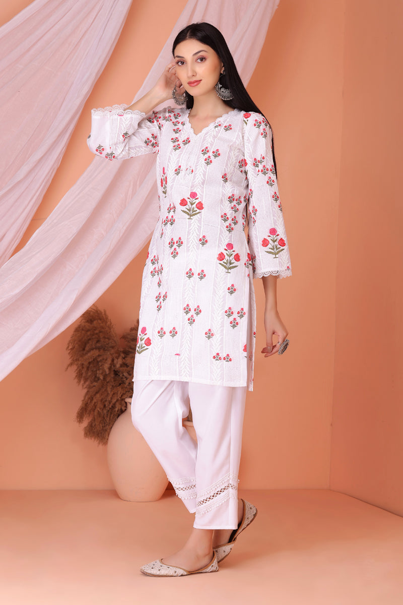 White Red Floral Embroidered Kurta Set