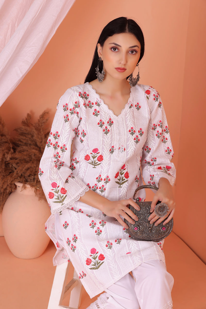 White Red Floral Embroidered Kurta Set