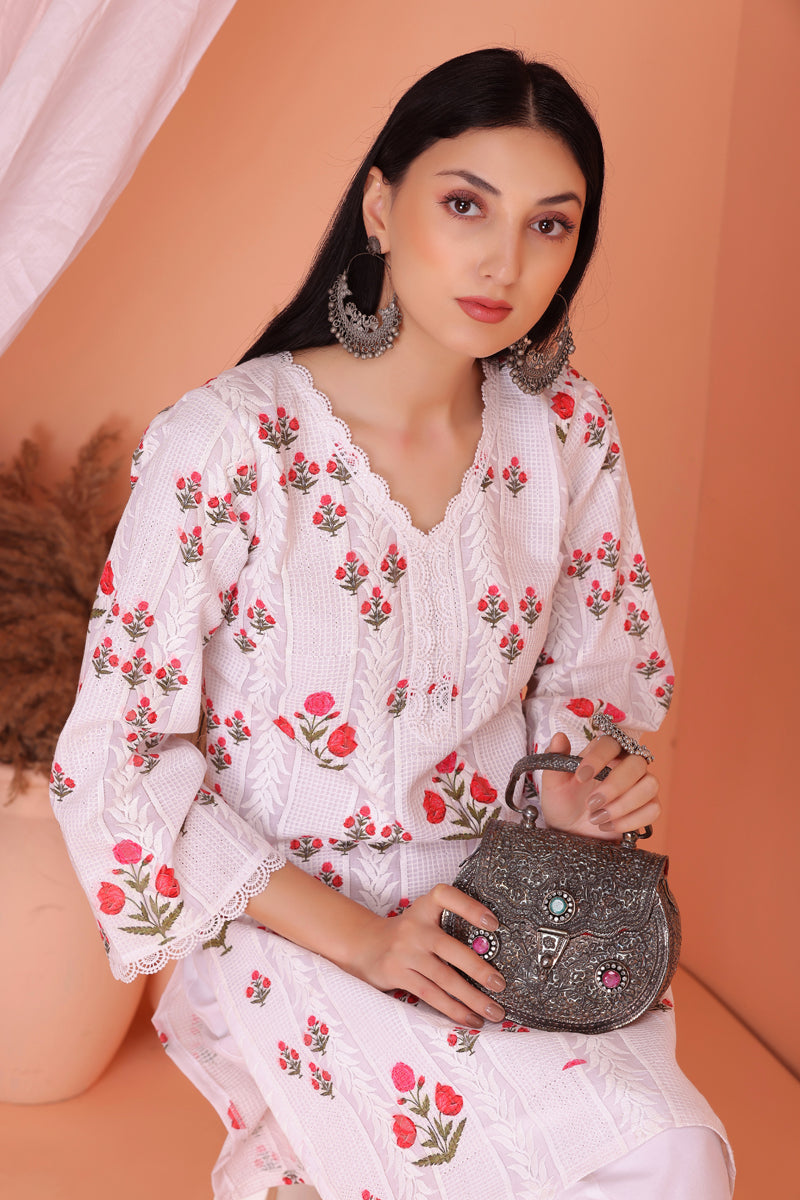 White Red Floral Embroidered Kurta Set