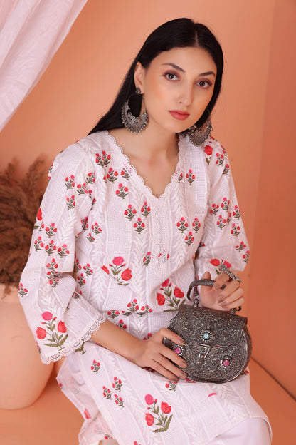 White Red Floral Embroidered Kurta Set