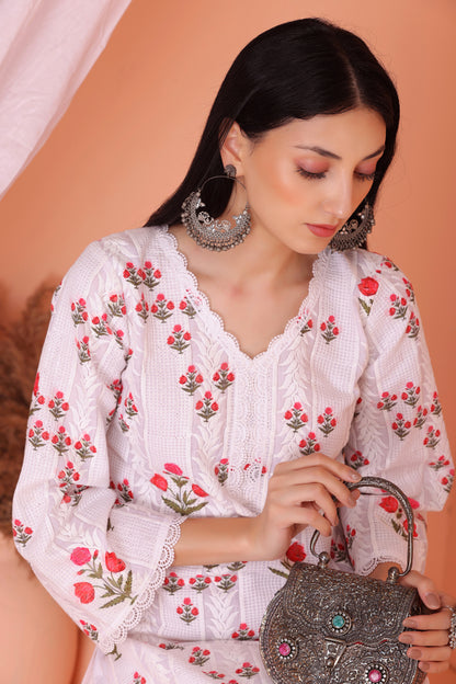 White Red Floral Embroidered Kurta Set