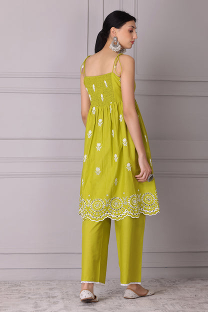 Lime Floral Halter Embroidered Kurta