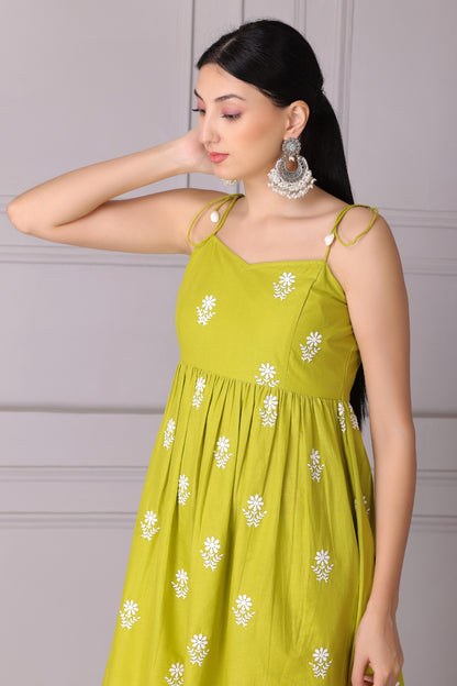 Lime Floral Halter Embroidered Kurta