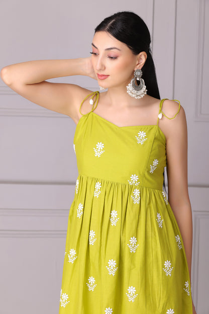 Lime Floral Halter Embroidered Kurta