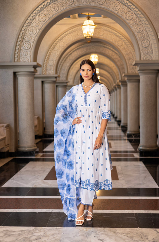 WHITE AND BLUE FLORAL EMBROIDERY AND PRINTED PALAZZO