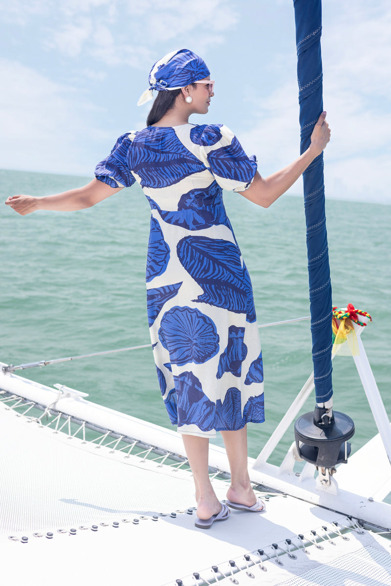 Blue Palm Tropical Midi Dress